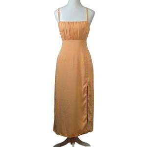 Abercrombie & Fitch Ruched Midi‎ Dress Medium Orange Sleeveless Backless Slit